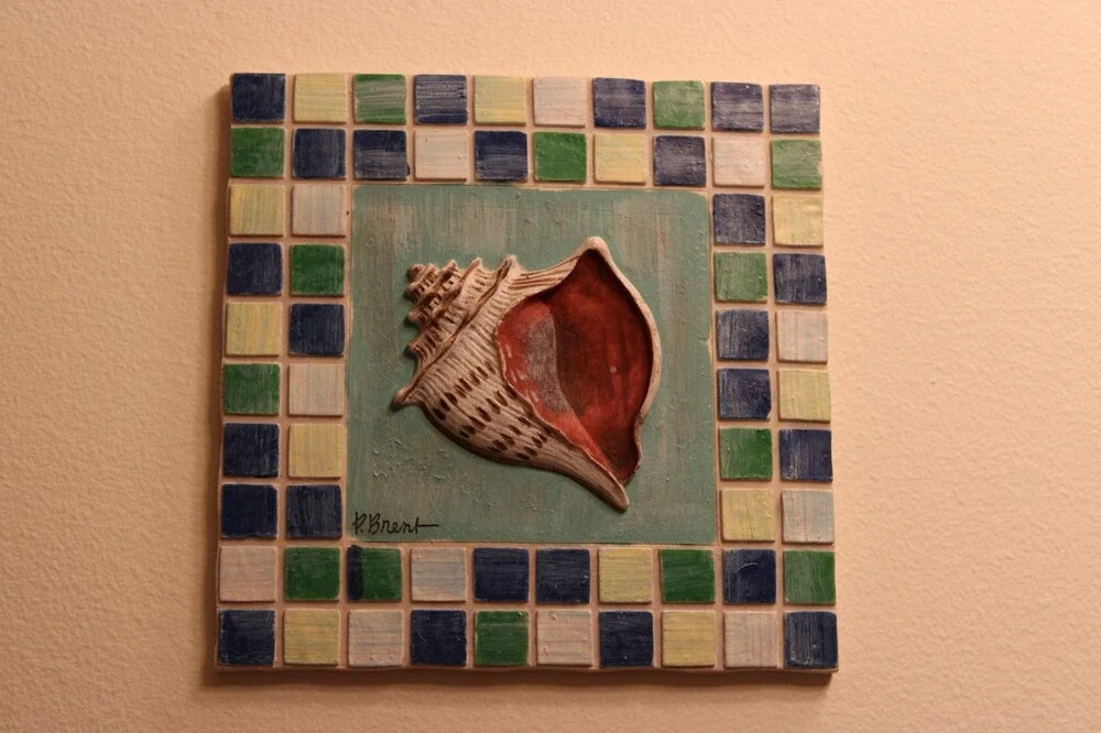 Vintage P Brent Sea Shell Mosaic Tile Wall Art Decor Plaques Conch Scallop 2